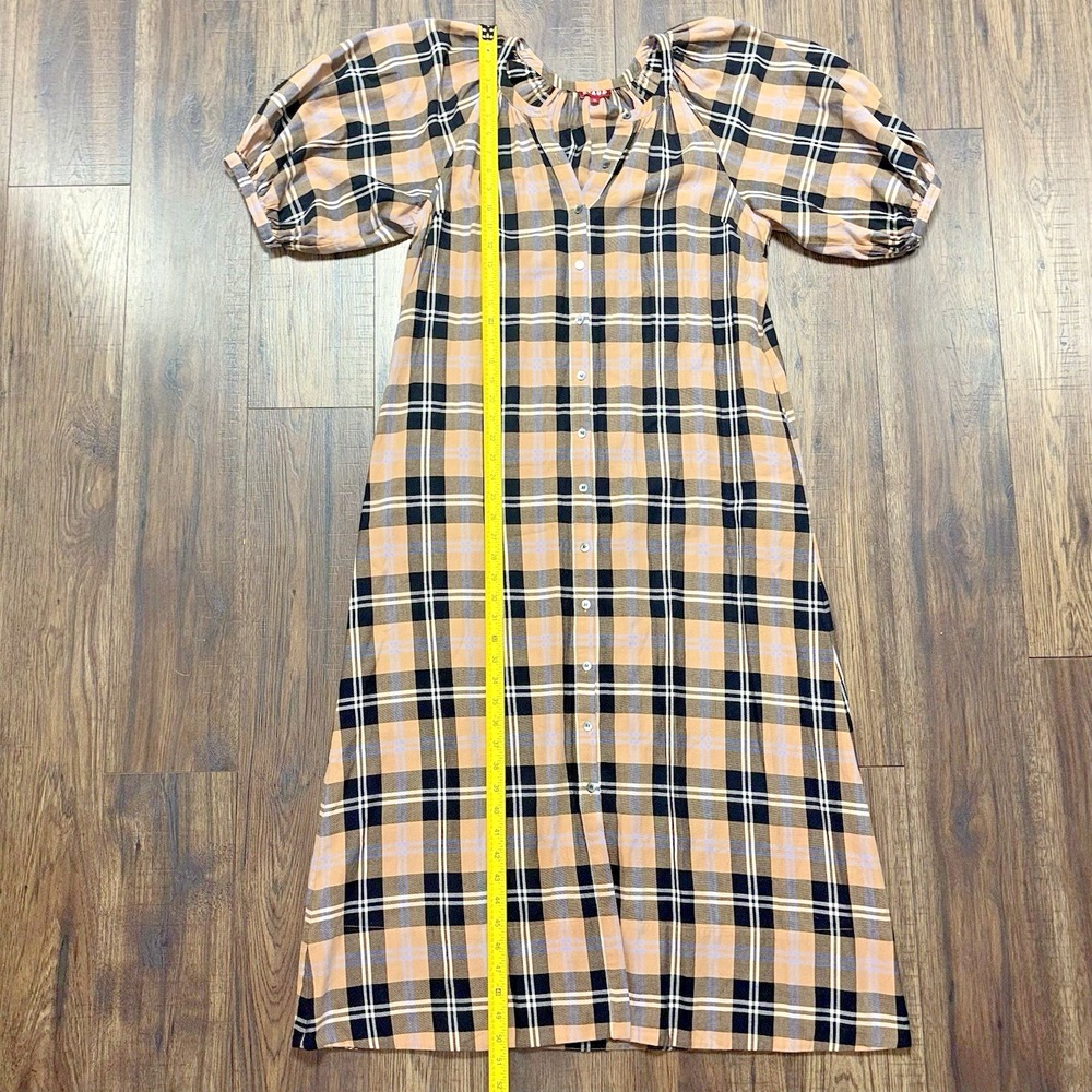 STAUD Plaid Cotton Midi Dress Button Front Puff Sleeve Women's Size Medium Tan - Picture 6 of 11